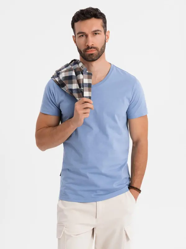 Ombre Ombre BASIC men's classic cotton T-shirt with a serape neckline - blue