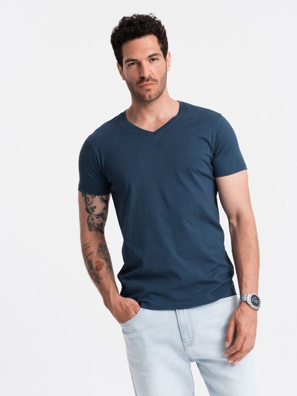 Ombre Ombre BASIC men's classic cotton T-shirt with a serape neckline - dark blue