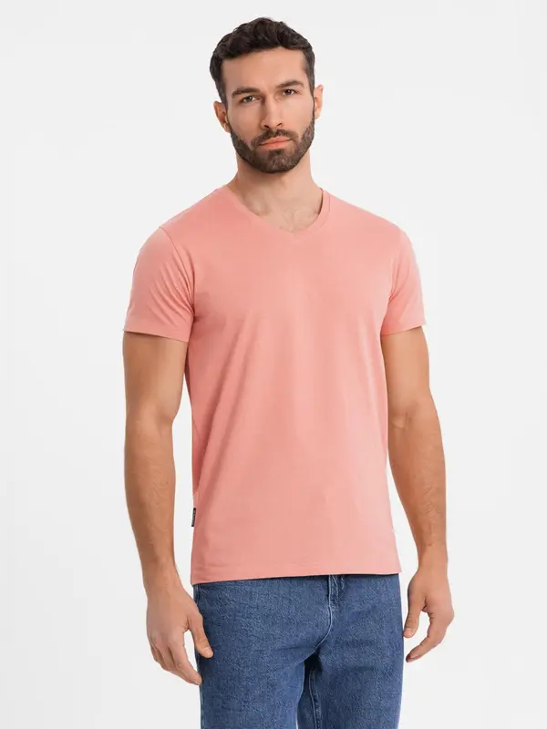 Ombre Ombre BASIC men's classic cotton tee-shirt with a v-neck - pink
