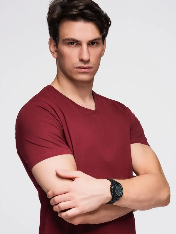 Ombre Ombre BASIC men's cotton classic tee shirt with a v-neck - maroon