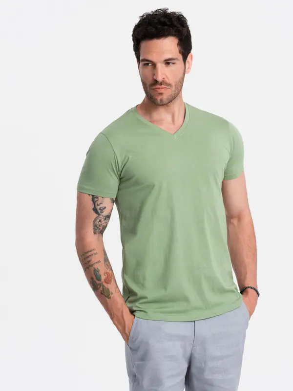 Ombre Ombre BASIC men's cotton classic tee with v-neck - green