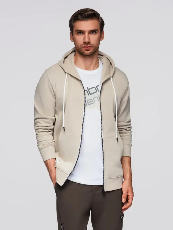 Ombre Ombre BASIC men's unbuttoned hooded sweatshirt - light beige