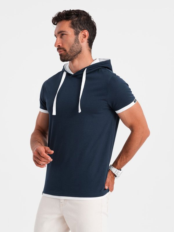 Ombre Ombre Casual men's cotton t-shirt with hood - navy blue