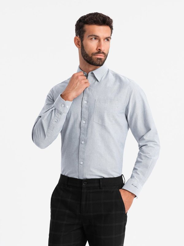 Ombre Ombre Elegant men's oxford shirt with embroidery and pocket - light grey