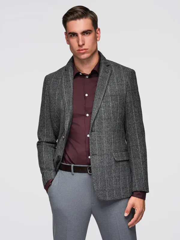 Ombre Ombre Elegant men's plaid blazer with wool blend - grey