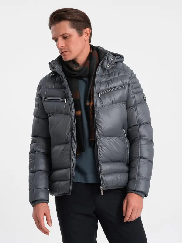 Ombre Ombre Heavily insulated quilted men's jacket with detachable hood - graphite