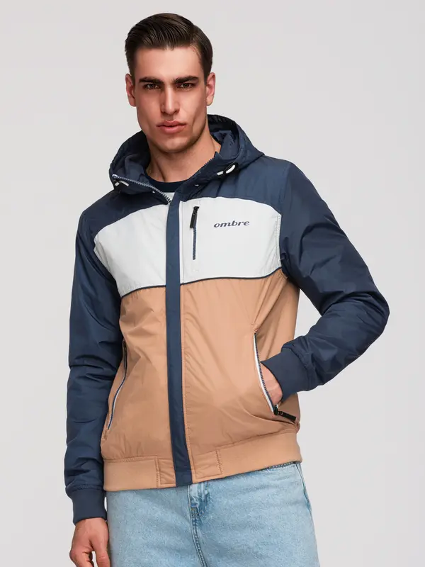 Ombre Ombre Lightweight colorful men's sports jacket with fleece - brown and navy blue
