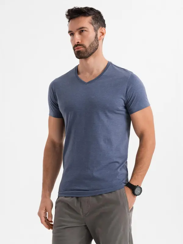 Ombre Ombre Men's BASIC classic cotton T-shirt with a serape neckline - blue melange