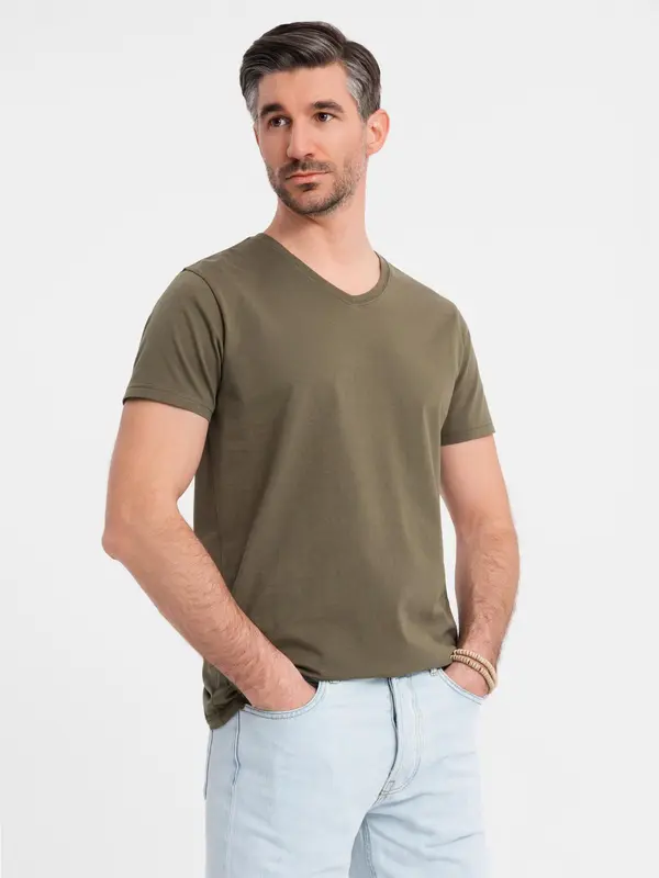 Ombre Ombre Men's BASIC classic cotton T-shirt with a serape neckline - dark olive