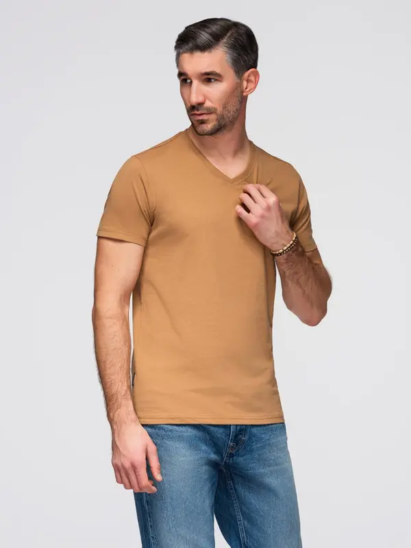 Ombre Ombre Men's BASIC classic cotton T-shirt with a v-neck - brown