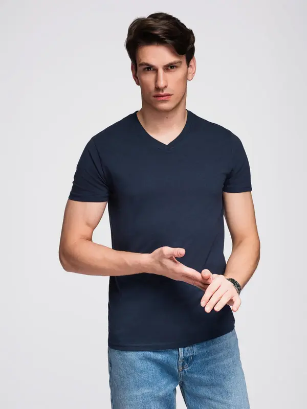 Ombre Ombre Men's BASIC classic cotton T-shirt with a v-neck - navy blue