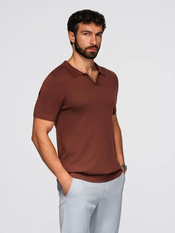 Ombre Ombre Men's buttonless polo shirt with classic weave - dark brown