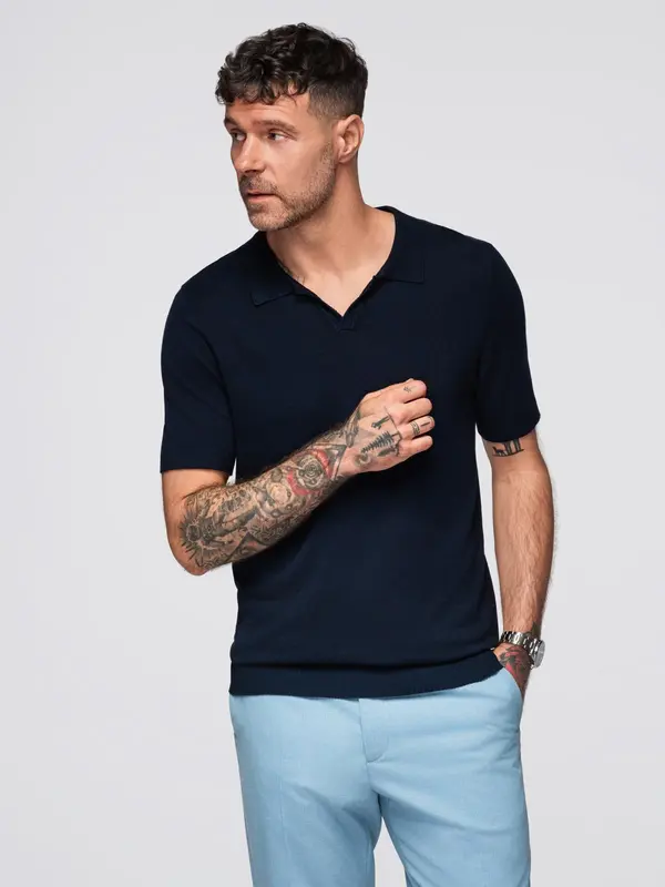Ombre Ombre Men's buttonless polo shirt with classic weave - navy blue