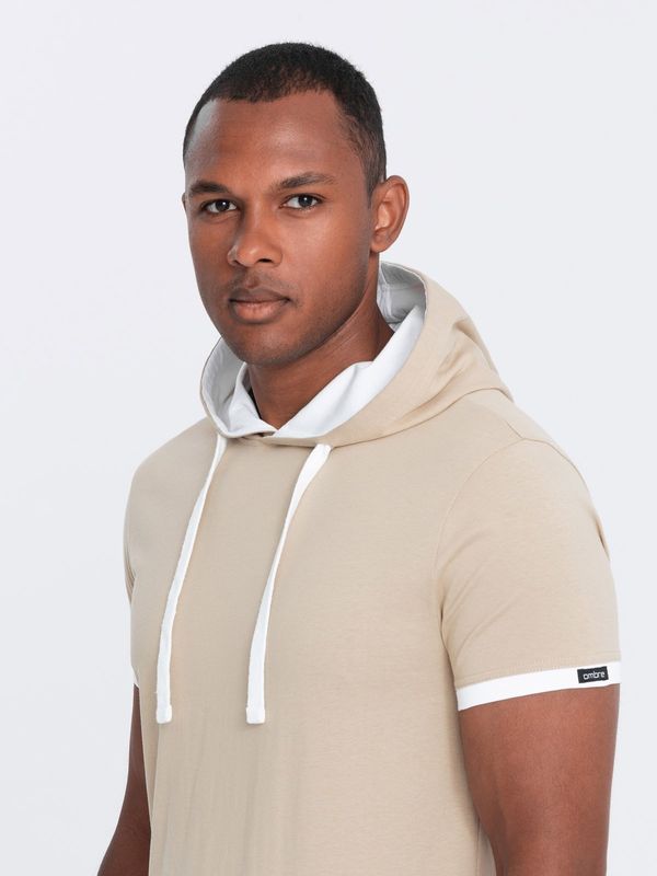 Ombre Ombre Men's casual cotton t-shirt with hood - beige