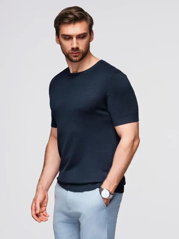 Ombre Ombre Men's classic knitted shirt with ribbed cuffs - navy blue