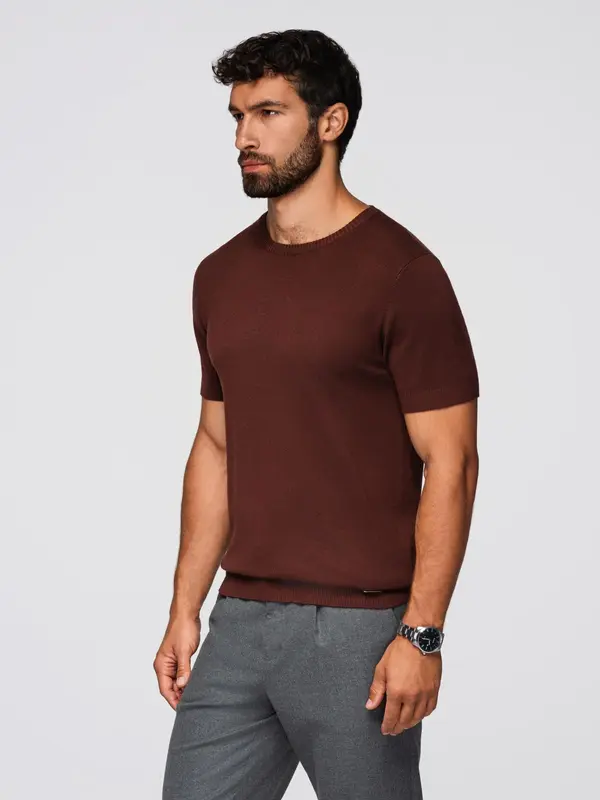 Ombre Ombre Men's classic knitted shirt with ribbed cuffs - warm brown