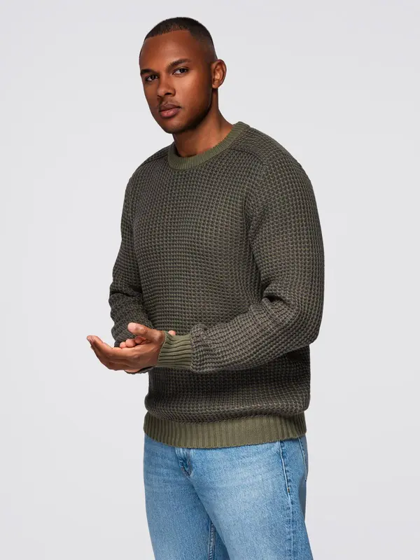 Ombre Ombre Men's contrast weave sweater with round neckline - dark olive