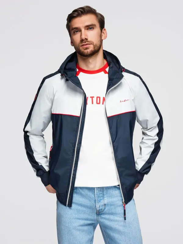 Ombre Ombre Men's contrast windbreaker jacket with hood - navy blue and white