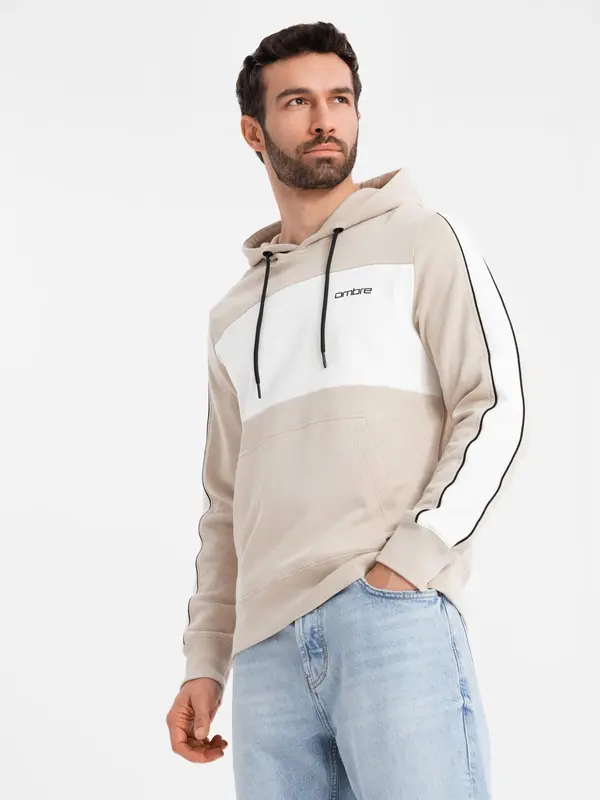 Ombre Ombre Men's cotton hoodie with contrasting elements - beige