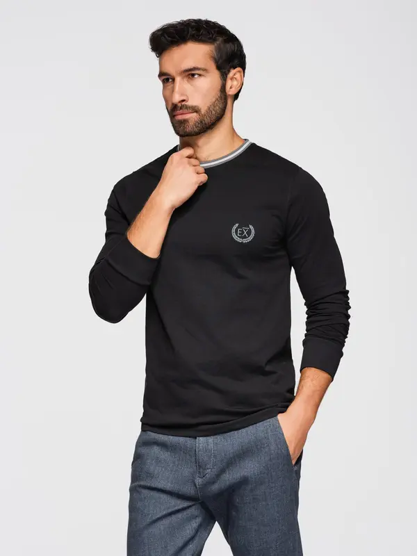 Ombre Ombre Men's cotton longsleeve with striped U neckline and embroidery - black