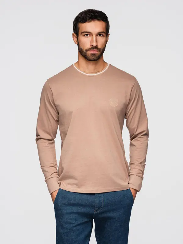 Ombre Ombre Men's cotton longsleeve with striped U neckline and embroidery - brown