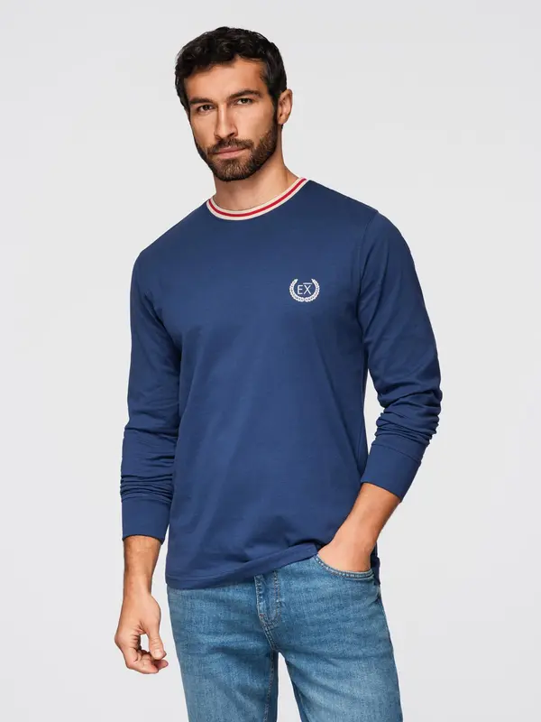 Ombre Ombre Men's cotton longsleeve with striped U neckline and embroidery - dark blue