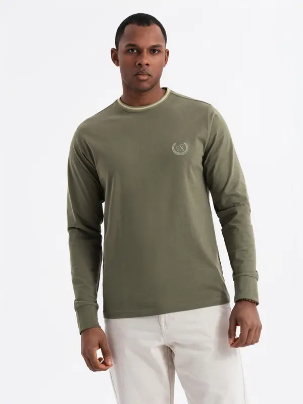 Ombre Ombre Men's cotton longsleeve with U neckline with stripes and embroidery - olive