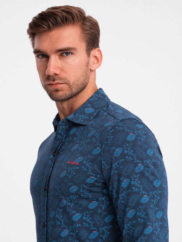 Ombre Ombre Men's cotton shirt with floral motif - navy blue