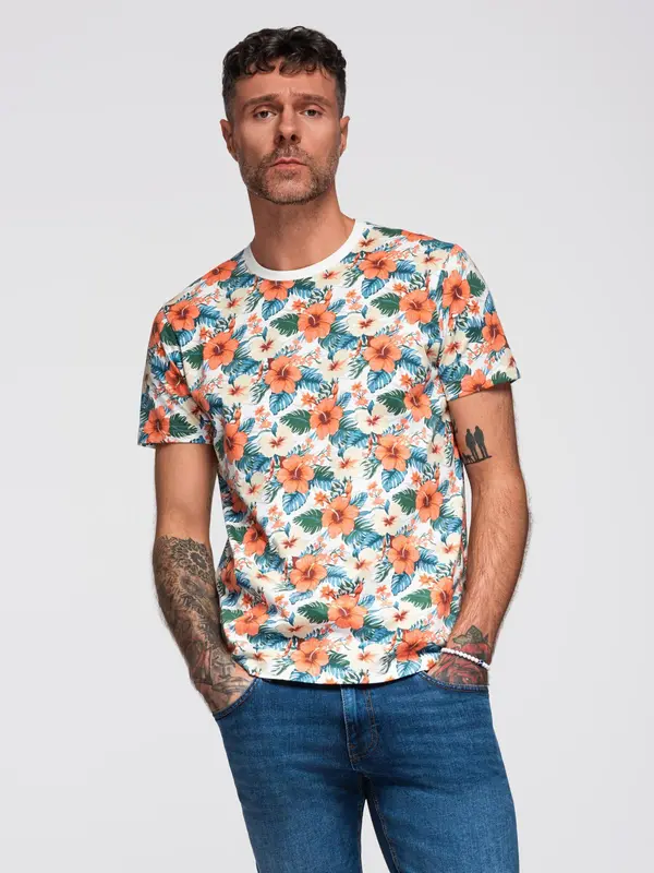 Ombre Ombre Men's cotton t-shirt with floral full print pattern - white