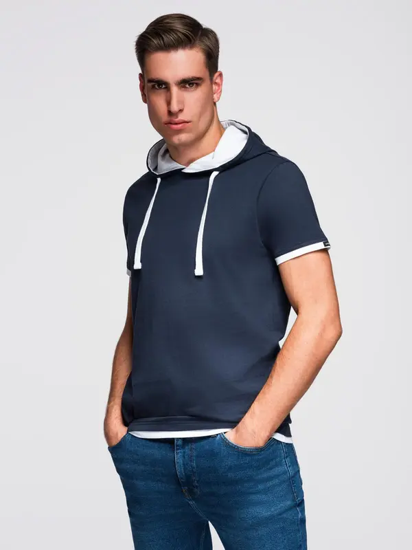 Ombre Ombre Men's cotton t-shirt with hood - navy blue