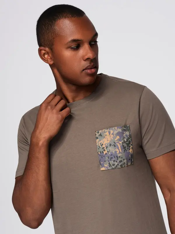 Ombre Ombre Men's cotton t-shirt with printed pocket - dark olive