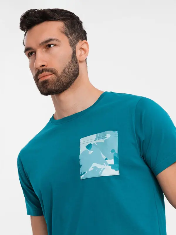 Ombre Ombre Men's cotton t-shirt with printed pocket - turquoise