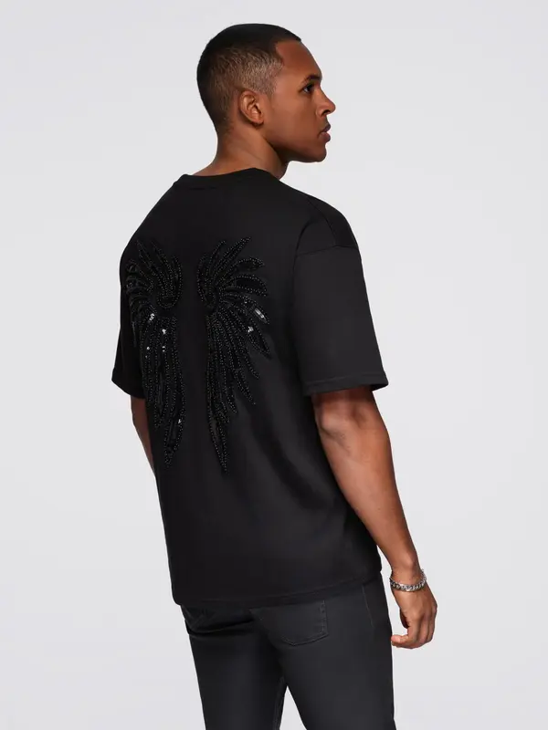 Ombre Ombre Men's cotton T-shirt with sequin wing motif on back - black
