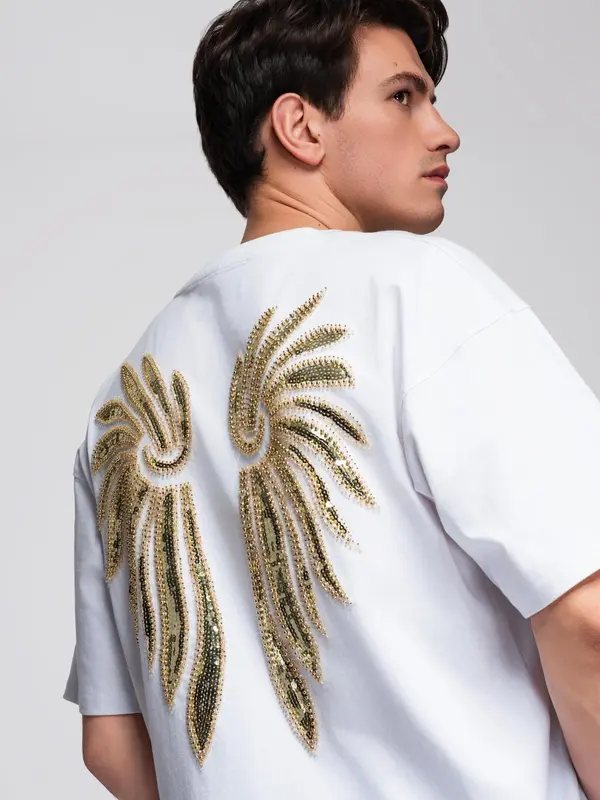Ombre Ombre Men's cotton T-shirt with sequin wing motif on back - white