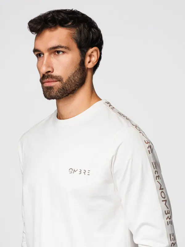 Ombre Ombre Men's cotton U-neck longsleeve with piping and chest print - broken white
