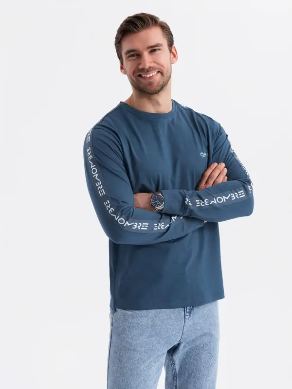Ombre Ombre Men's cotton U-neck longsleeve with piping and chest print - dark blue