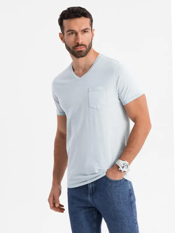 Ombre Ombre Men's cotton V-neck knit t-shirt with wash effect - grey