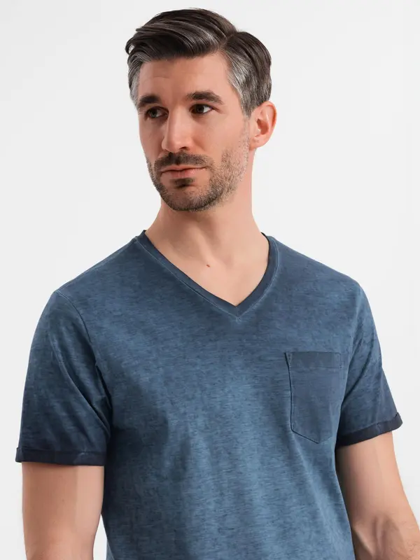 Ombre Ombre Men's cotton V-neck knit t-shirt with wash effect - navy blue