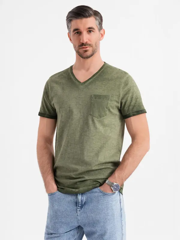 Ombre Ombre Men's cotton V-neck knit t-shirt with washed effect - olive