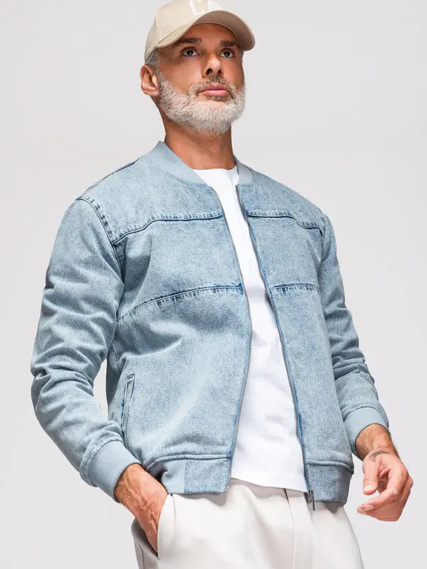 Ombre Ombre Men's denim bomber jacket with stone wash effect - light blue