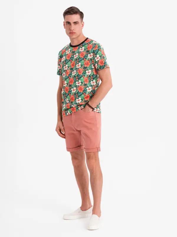 Ombre Ombre Men's denim classic shorts with rolled up leg - coral