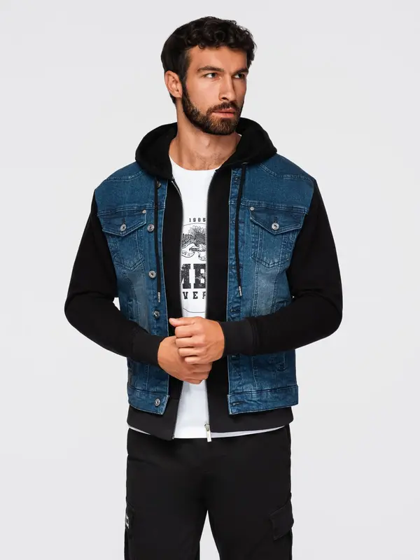 Ombre Ombre Men's denim jacket with knitted sleeves and hood - blue and black