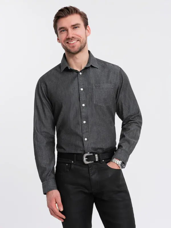 Ombre Ombre Men's denim shirt with embroidered pocket - black