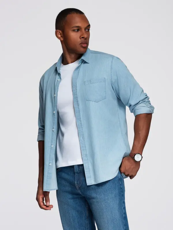 Ombre Ombre Men's denim shirt with embroidered pocket - light blue