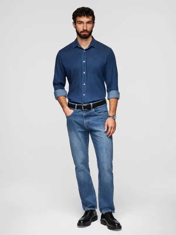 Ombre Ombre Men's denim shirt with lyocell and embroidery on chest - dark blue