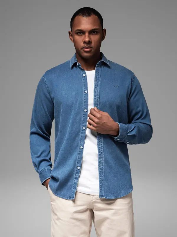 Ombre Ombre Men's denim shirt with lyocell and embroidery on the chest - blue