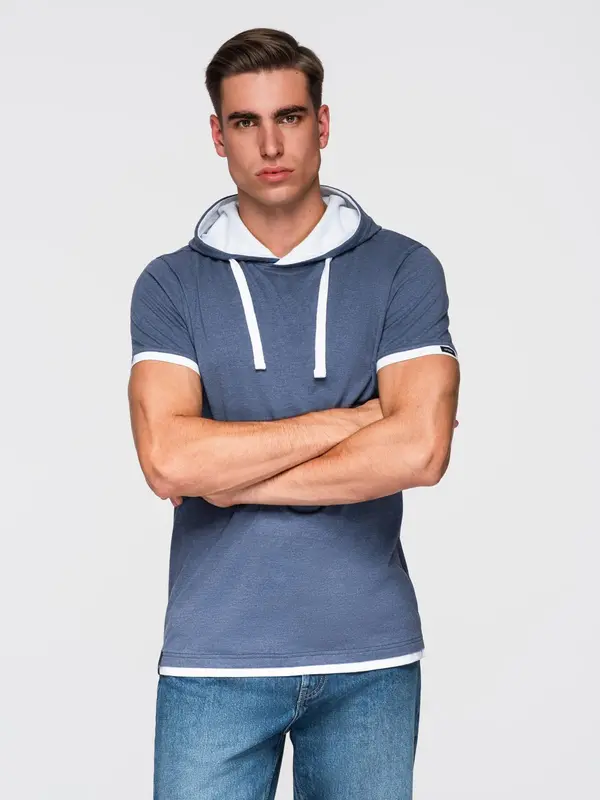 Ombre Ombre Men's hooded cotton t-shirt - dark blue melange
