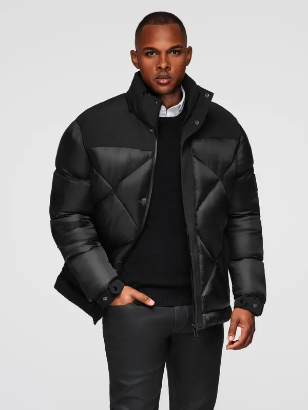 Ombre Ombre Men's hooded jacket with geometric diamond quilting - black
