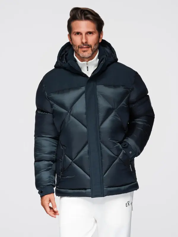Ombre Ombre Men's hooded jacket with geometric diamond quilting - navy blue