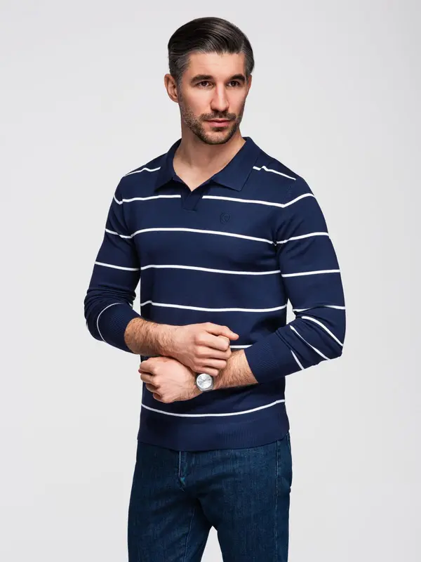 Ombre Ombre Men's horizontal striped polo longsleeve with viscose - navy blue and white
